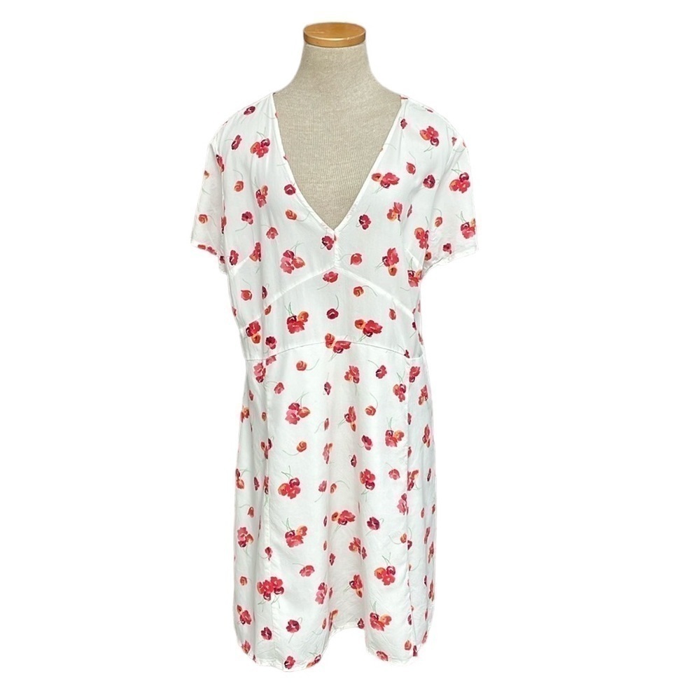 GAP Dress Womens 18 White Red Floral Short Sleeve V-Neck A-Line Knee Length